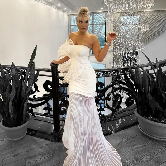 Fashion White Pleated Long Prom Dresses with 3D Pleated Shoulder 2024 Couture Mermaid Evening Party Dress vestidos de fiesta