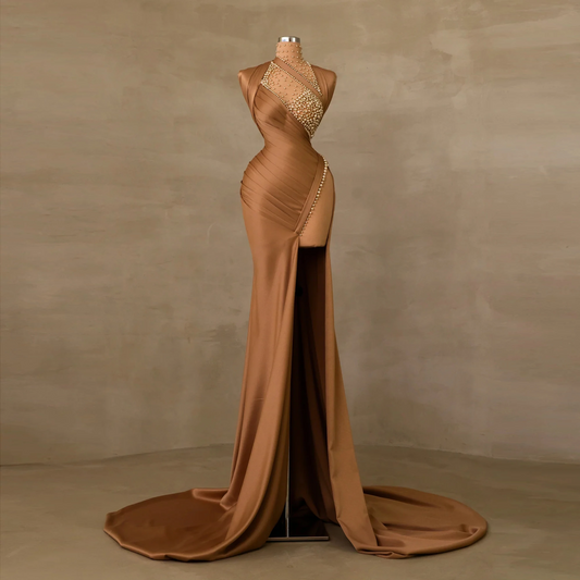 Modest khaki Pearls Satin Evening Dresses Long Sweep Train Deep Slit Formal Dress