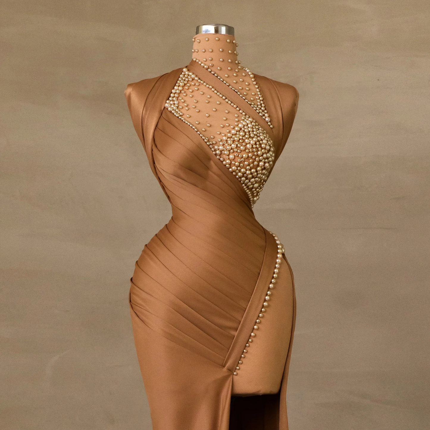 Modest khaki Pearls Satin Evening Dresses Long Sweep Train Deep Slit Formal Dress