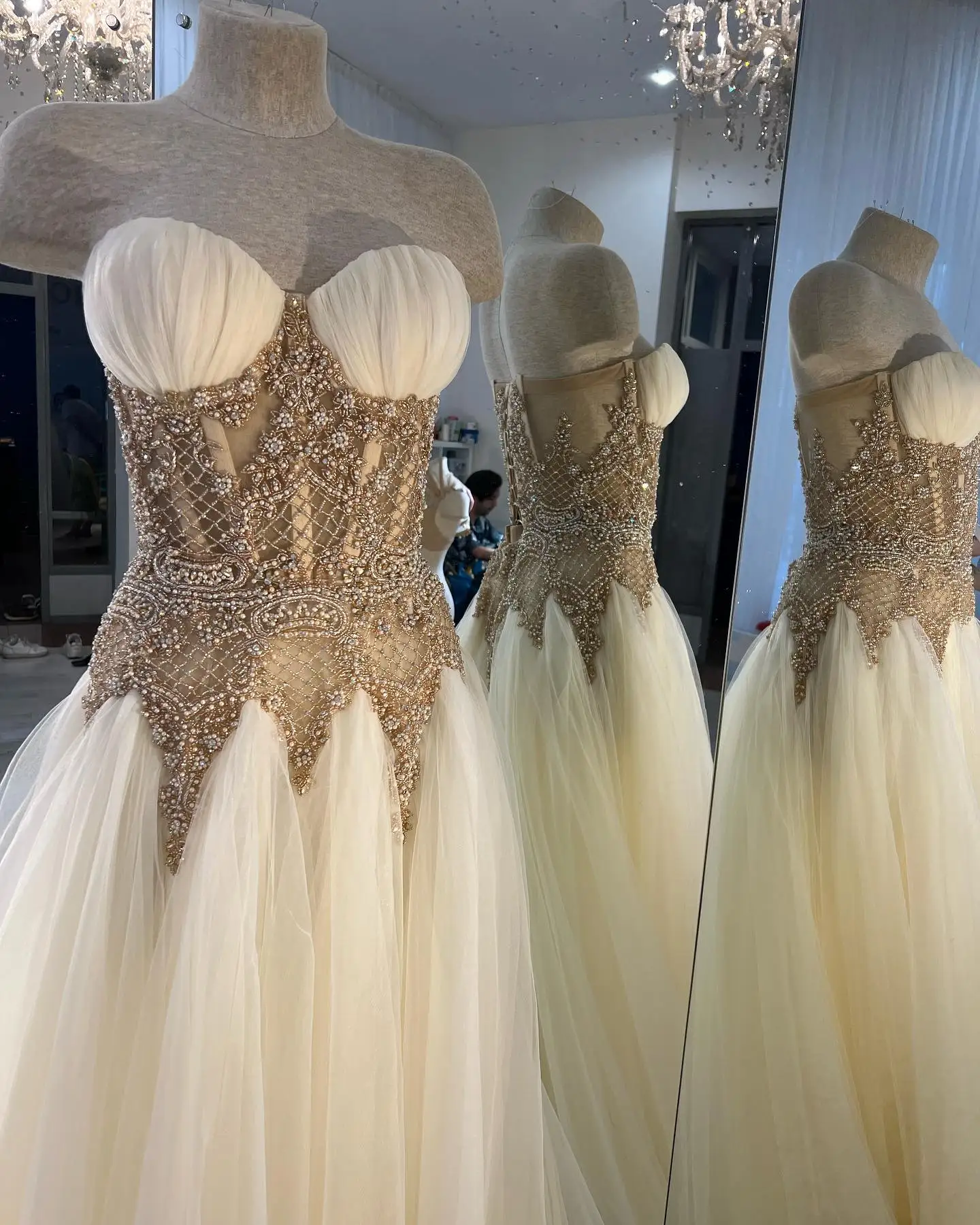 Gorgeous Beige Tulle Prom Dresses with Handmade Beading Sweetheart Soft Mesh Bridal Dress Boho Beach Wedding Gown فساتين السهرة