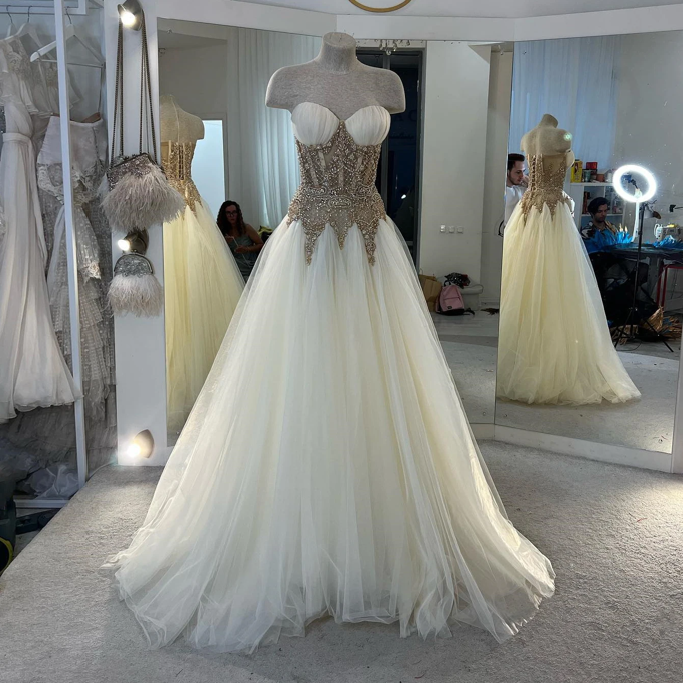 Gorgeous Beige Tulle Prom Dresses with Handmade Beading Sweetheart Soft Mesh Bridal Dress Boho Beach Wedding Gown فساتين السهرة