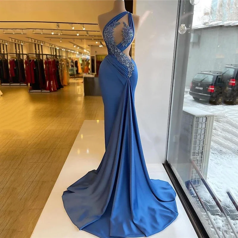 Sexy Luxury Deep Blue One Shoulder Sleeved Mermaid Evening Dresses Satin Decal Beaded Waist Prom Dresses For Women فساتين السهرة