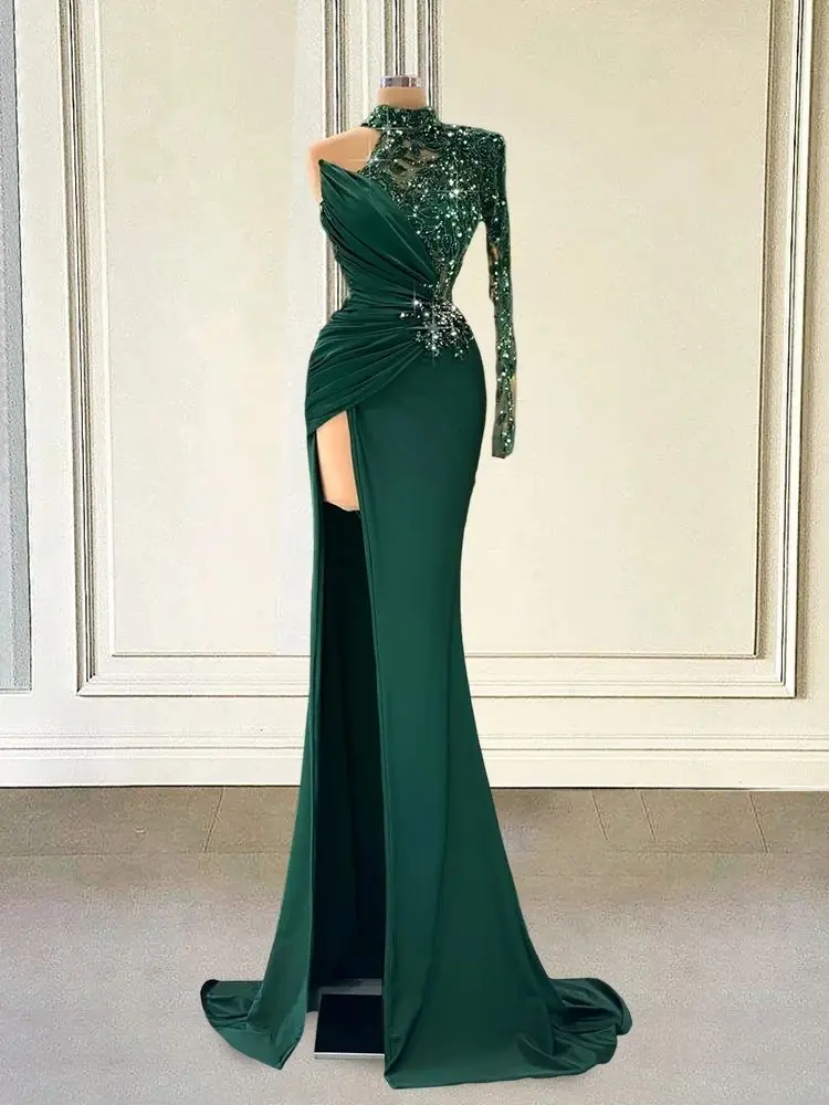 Green Mermaid High Neck One Shoulder Sleeve Evening Dress High Neck Sequin Beaded High Split Porm Dresses for Graduation Party