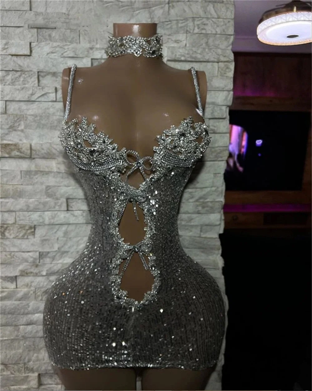 Luxury Silver Crystals Spaghetti Short Prom Dress African Glitter Sequin Mermaid Mini Cocktail Party Gown See Thru robe de bal