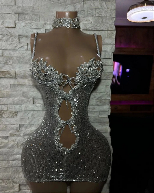 Luxury Silver Crystals Spaghetti Short Prom Dress African Glitter Sequin Mermaid Mini Cocktail Party Gown See Thru robe de bal