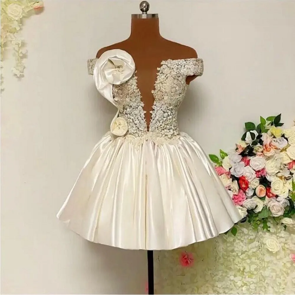 Sexy Cocktail Party Dresses With Handmade Flowers Appliques Off The Shoulder Beach Gowns Pleats Mini Girls Prom Evening Dress