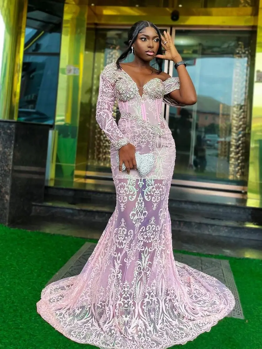 See Through Lace Mermaid Prom Dress With One Shoulder Appliques Beads One Shoulder Long Sleeves Evening Dress Aso Ebi Party Gown