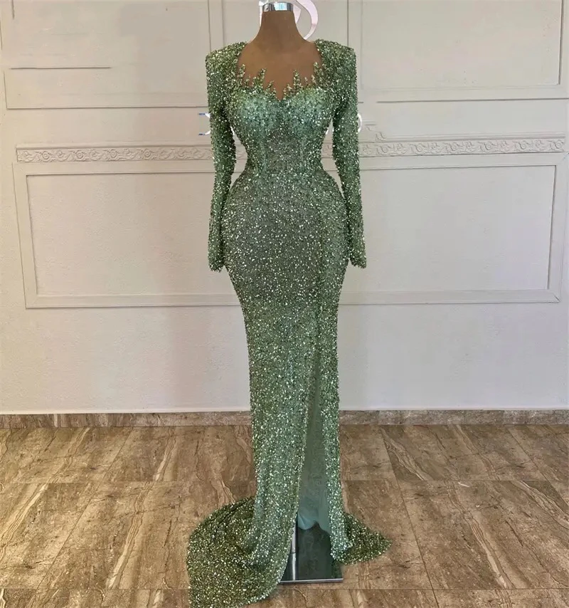 Luxury Sequined Evening Dresses Mermaid Beads with Long Sleeve Women Green Formal Prom Graduation Party Gowns for Wedding