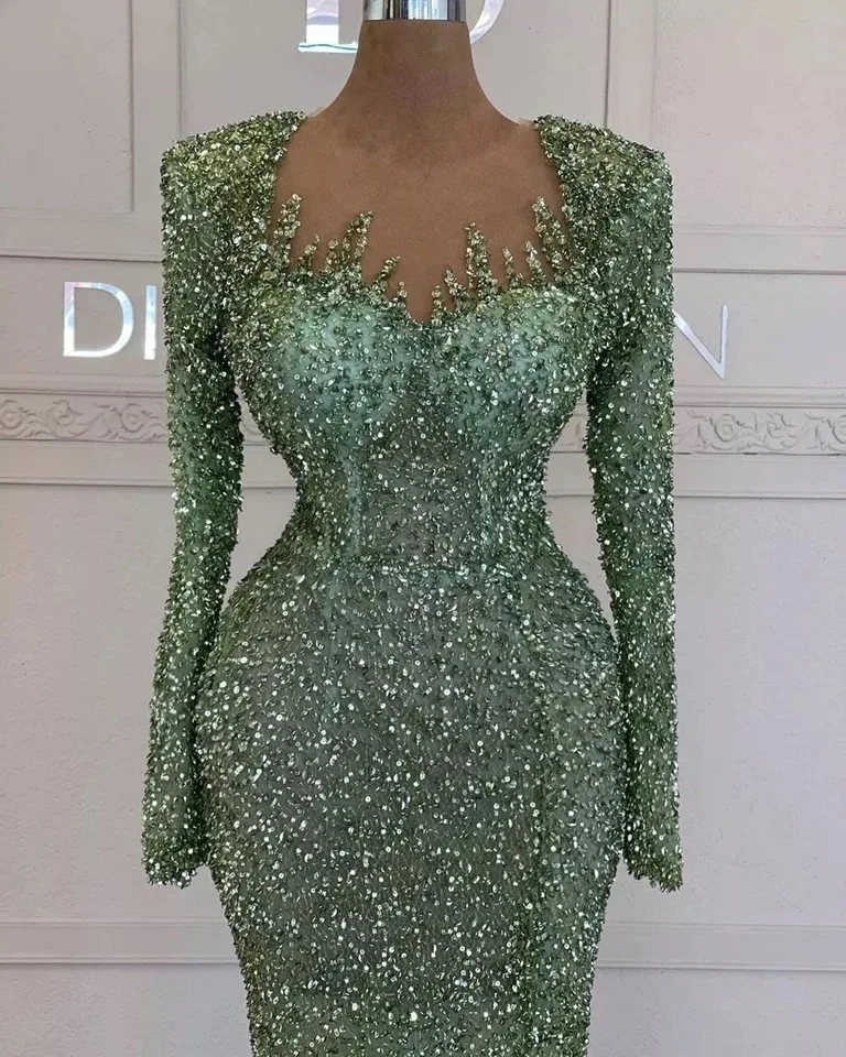 Luxury Sequined Evening Dresses Mermaid Beads with Long Sleeve Women Green Formal Prom Graduation Party Gowns for Wedding