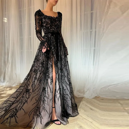 Sevintage Black Embroidery Lace Beadings Crystal Prom Dresses Side Split A-Line Long Sleeves Wedding Party Gowns Evening Dress