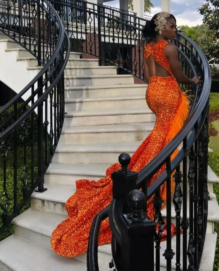 Orange Sparkly African Evening Reception Dresses for Women Luxury Diamond Crystal Feather Slit Prom Gown vestidos de fiesta