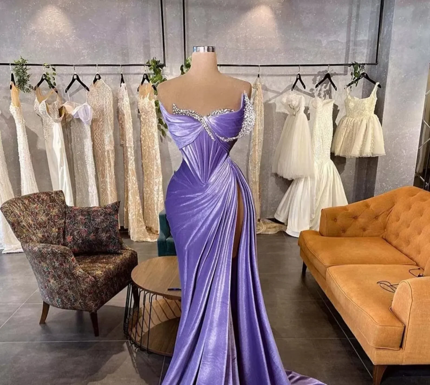 Lavender Elegant Velvet Prom Dresses Dubai Arabic Mermaid Women Party Gowns Pleated High Split Sexy Formal Evening Gowns 2024