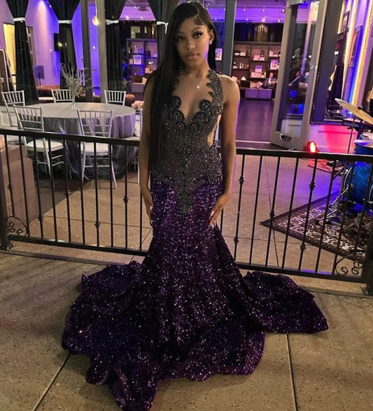 Sparkly Diamonds Purple Long Prom Dress 2024 For Black Girls Beads Crystals Rhinestones Birthday Party Reception Robe