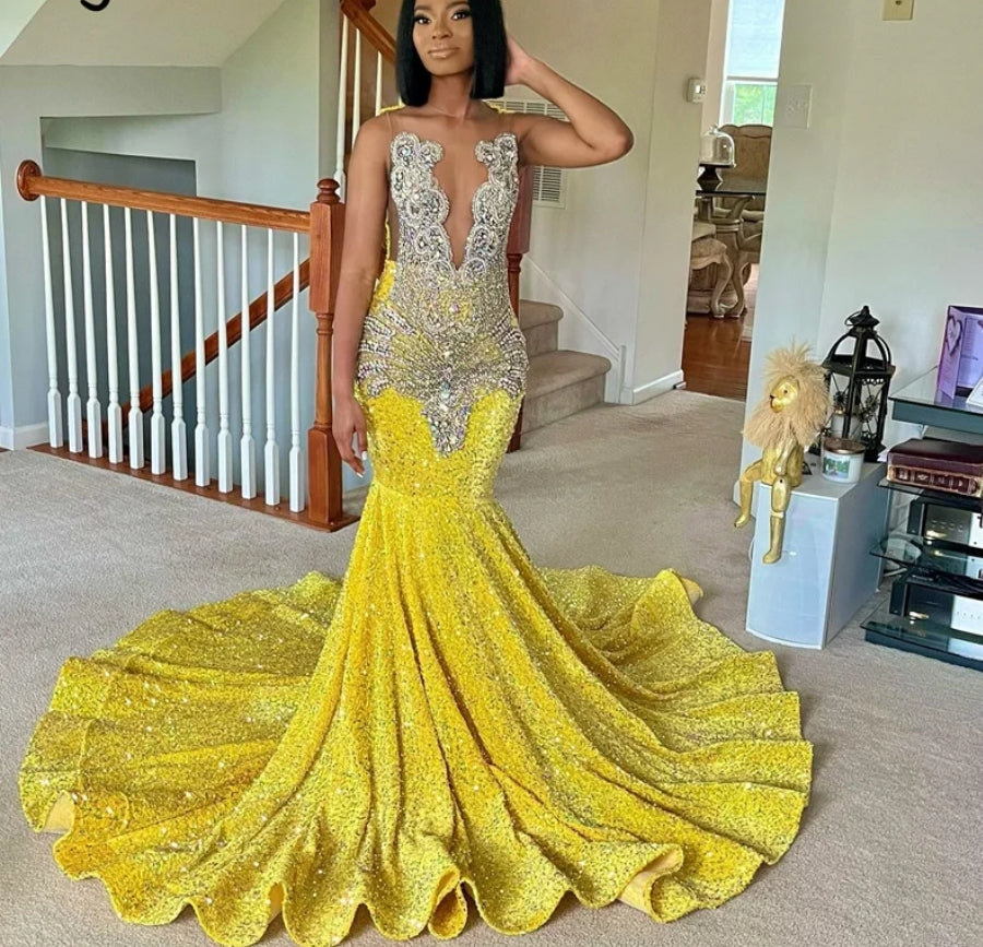 Sparkly Yellow Mermaid Prom Dress 2024 Beads Crystal Rhinestones Graduation Party Dress Birthday Wedding Reception Robe De Bal