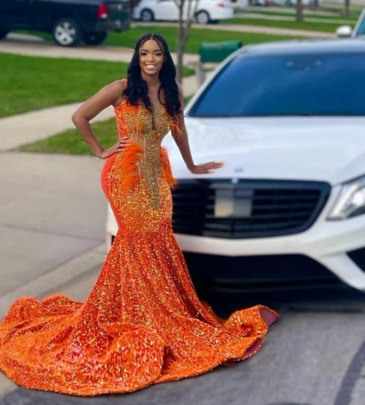 Golden Diamonds Orange Prom Dress Sparkly Beads Crystal Rhinestones Feathers Sequins Birthay Party Gown