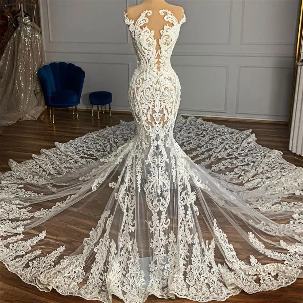 Arabia Lace Transparent Wedding Dress for Women Sheer Neckline Beading Sexy Long Mermaid royal train Bridal Gowns vestidos