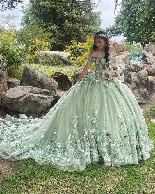 Mint Green Princess Quinceanera Dresses Off Shoulder 3D Floral Ball Gown Coset vestido 15 quinceañeras dorado Sweet 16