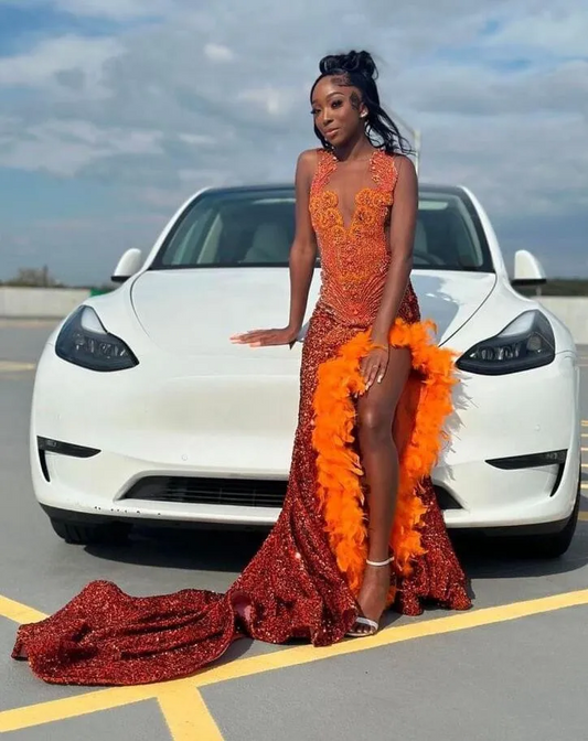 Orange Sparkly Long Evening Birthday Dresses for Black Girl 2024 Gillter Diamond Feather Velvet Prom Gown vestidos de gala