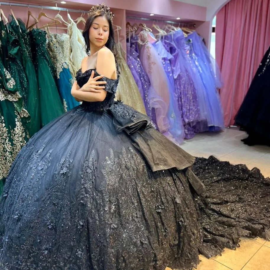 Black Luxury Princess Quinceanera Dresses off Shoulder 3D Floral Applique Embroidery Corset vestido de 15 quinceañeras 2024