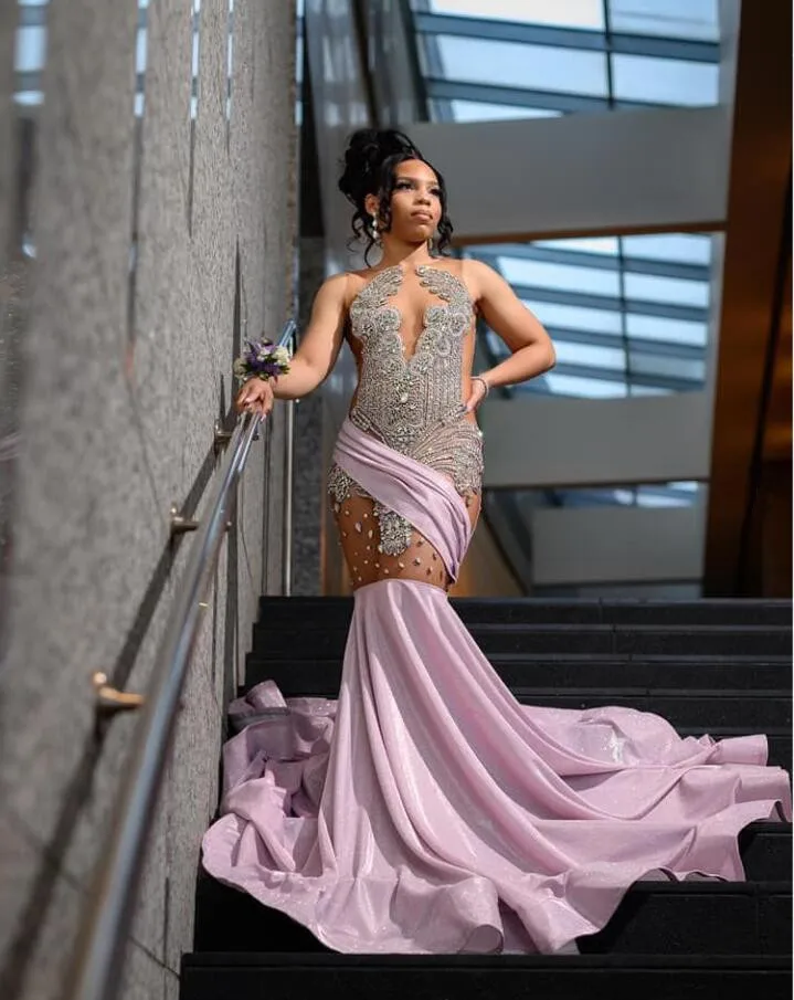 Lavender Pink Sparkly Long Evening Formal Dresses for Black Girl 2024 Luxury Diamond Gillter Sheer Prom Birthday Gala Dress