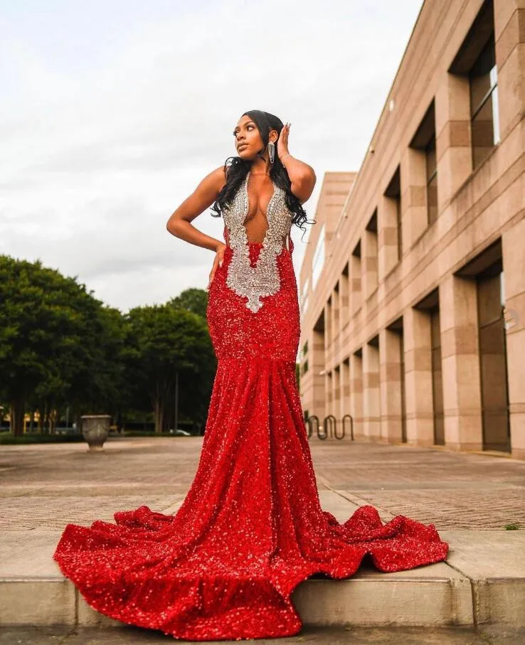 Sparkly Red Long Mermaid Evening Ceremony Dress for Black Girl Gillter Velvet Diamond Prom Dress vestido elegante feminino luxo