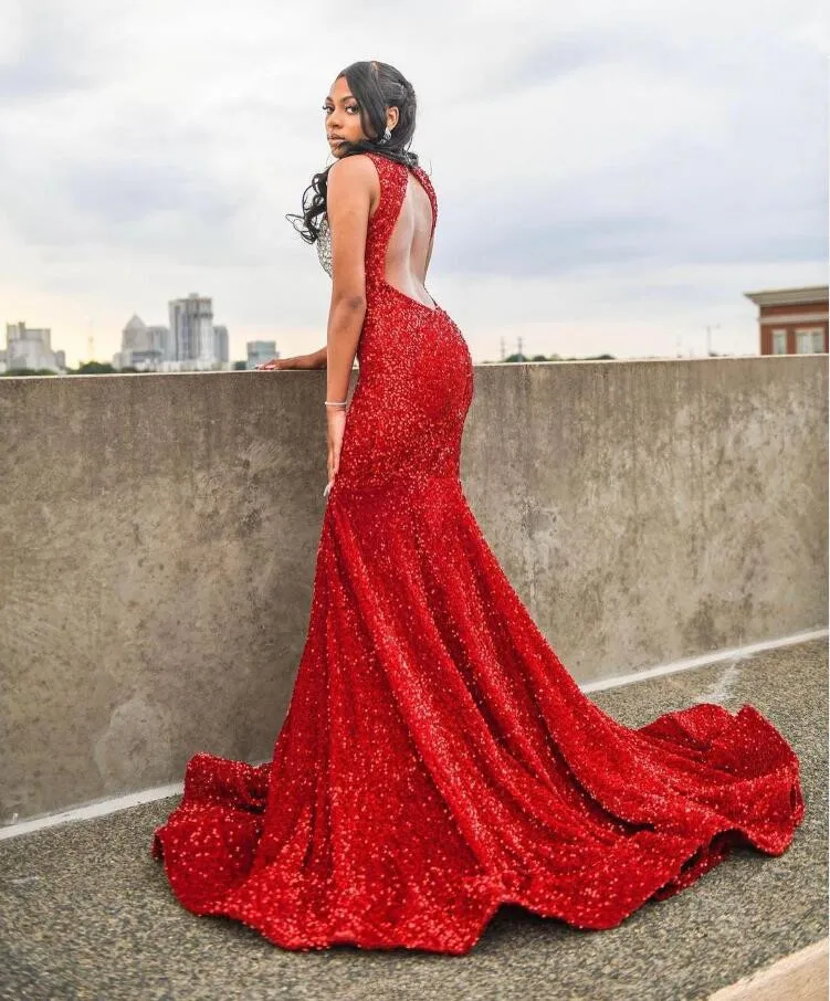 Sparkly Red Long Mermaid Evening Ceremony Dress for Black Girl Gillter Velvet Diamond Prom Dress vestido elegante feminino luxo