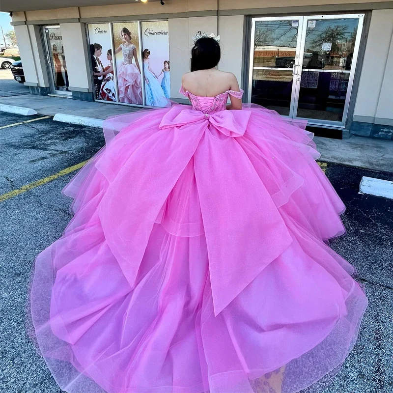 Pink Quinceanera Dresses for 15 Year 2024 Ball Gown Sexy Off the Shoulder Beads Crystal Tull Back Bow Long Party Dress for Girl