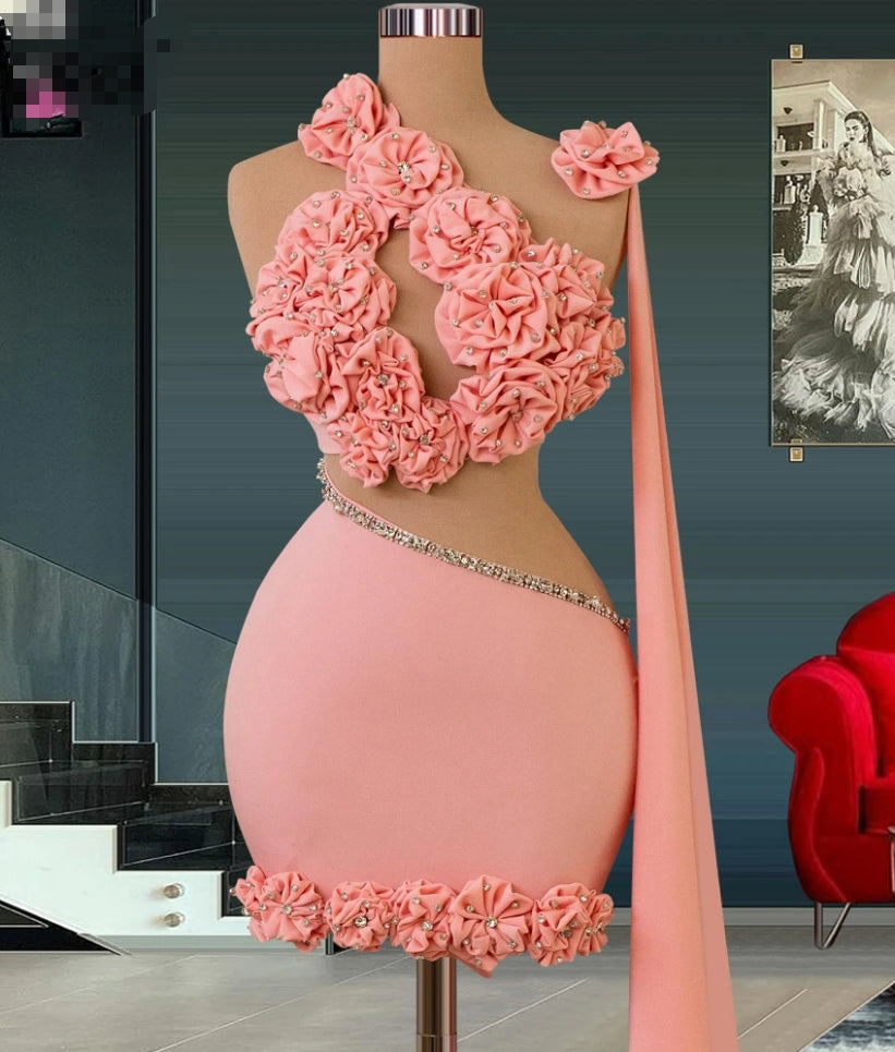 Baby Pink Cute Party Dress 3D Flower Summer Short Tight-Fitting Dress Arabic Occasion Dresses Mini Birthday Party Wear