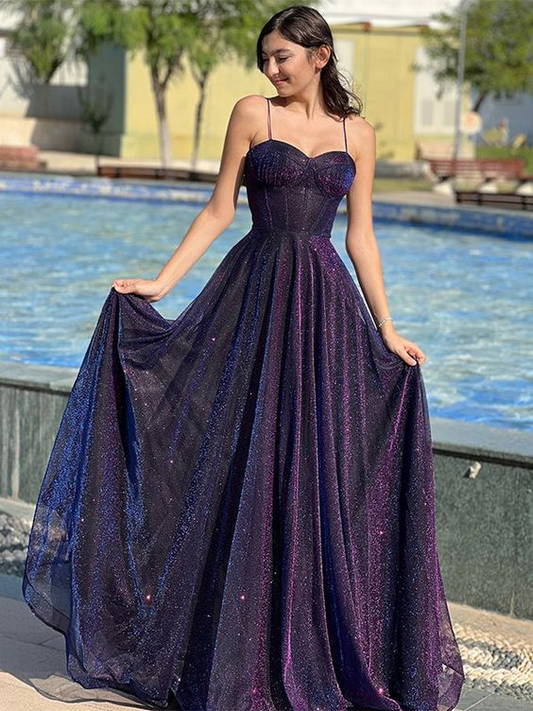 Elegant Spaghetti Straps A-Line Tulle Long Prom Dresses