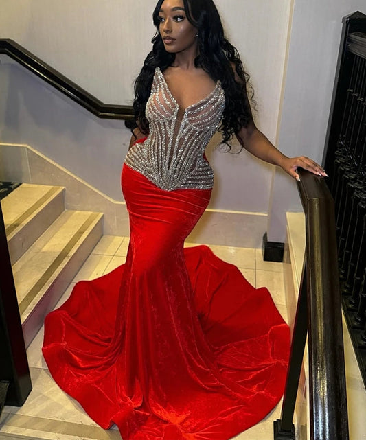 Red Velvet V Neck Long Prom Dress For Black Girls 2024 Beaded Birthday Party Dresses Mermaid Evening Gowns Robe De Bal