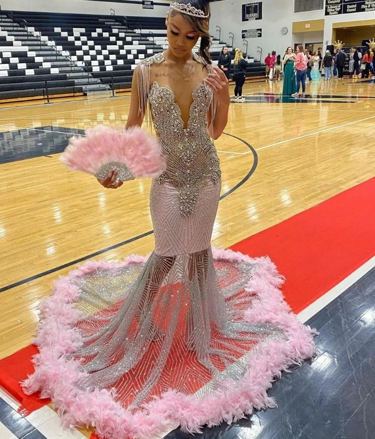 Gorgeous Pink Crystal Beading Slive Mermaid Evening Dresses Arabic Feathers Long Formal Prom Gowns for Wedding Party Elegant