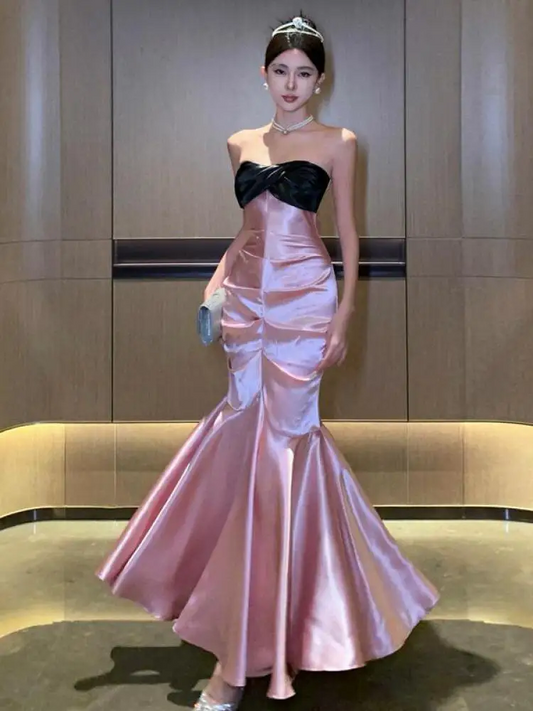 Pink Black Patchwork Wrapped Hip Fishtail Long Dress Women Elegant Sleeveless Party Summer Backless Pleated Evening Dresses New