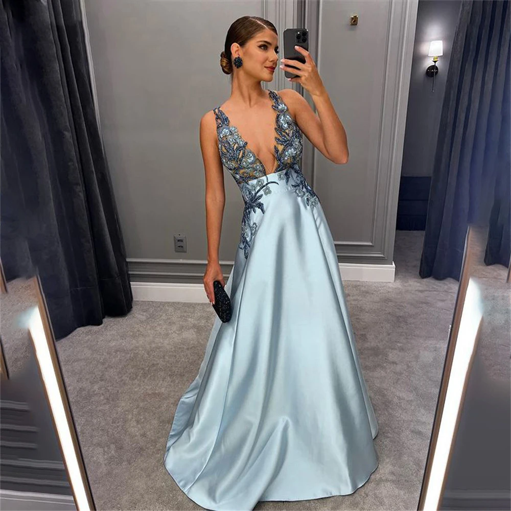 Bright Satin V-Neck Evening Dresses For Women Sexy Lace Printed Embroidery Party Prom Gowns Formal Long Party Vestidos De Noches