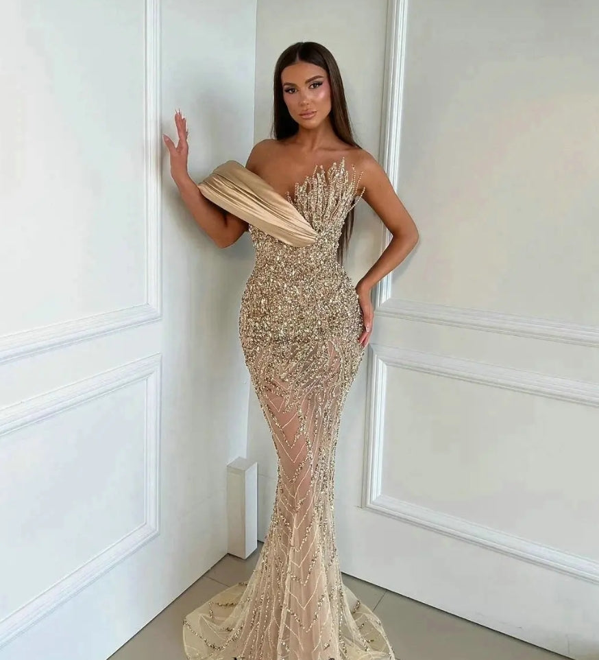 Champagne Long Sequins Evening Dresses One Shoulder Handmade Beaded Vestidos De Noche Sexy Sleeveless Party Gowns for Women