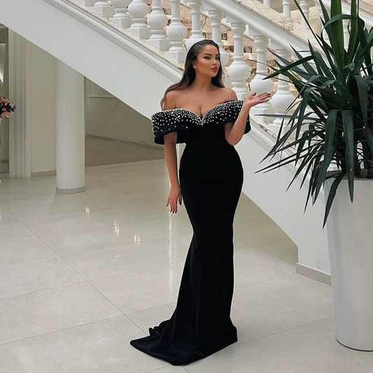 Arabic Black Formal Dress Mermaid Beads Strench Satin Prom Dresses For Women Party Dress Off The Shoulder Formal Prom Gowns 2024