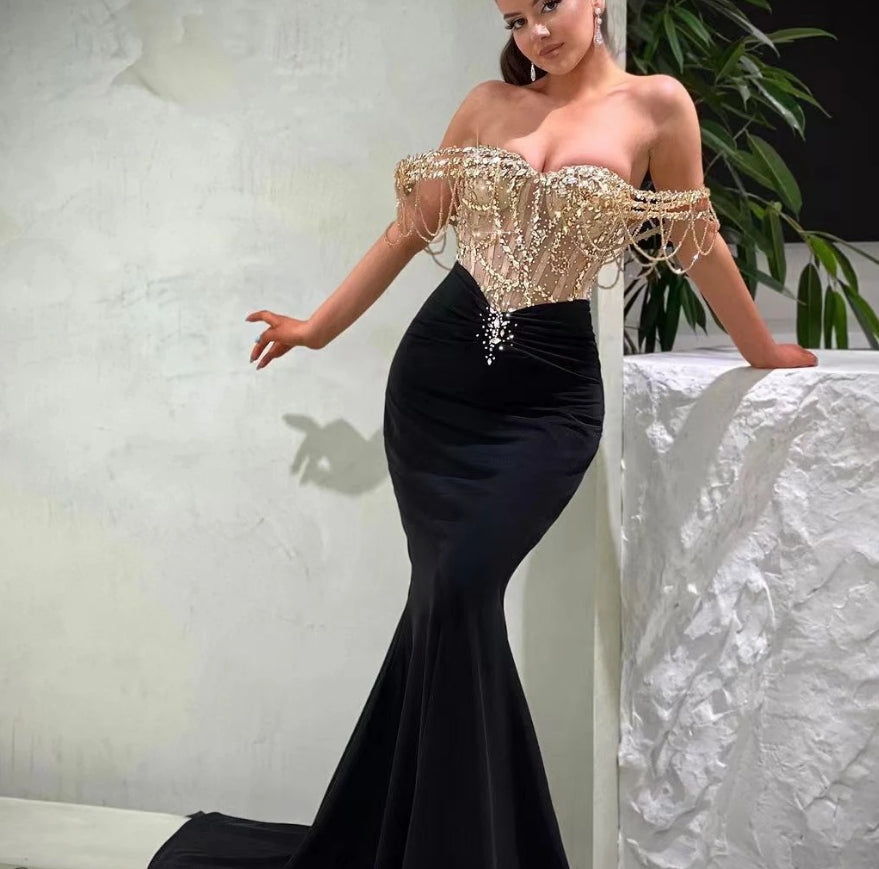 Sexy Mermaid Black Prom Dresses For Women Sweetheart Off Shoulder Cocktail Dresses Crystals Evening Gown Vestidos De Cóctel