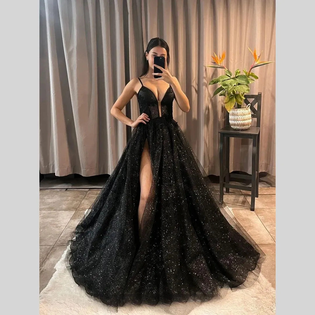 Sweetheart Black Prom Dresses Straps Appliques Glitter Party Evening Gowns Split Formal Red Carpet Long Special Occasion Dress