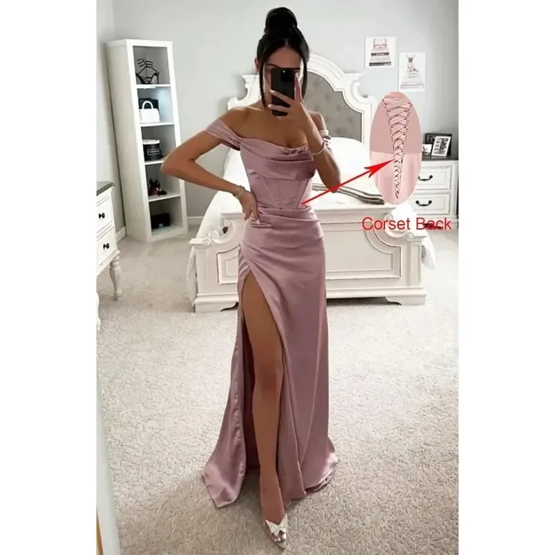 Off Shoulder Bridesmaid Prom Dresses for Women Satin Long Formal Wedding Evening Party Gowns Dress with Slit vestido formal