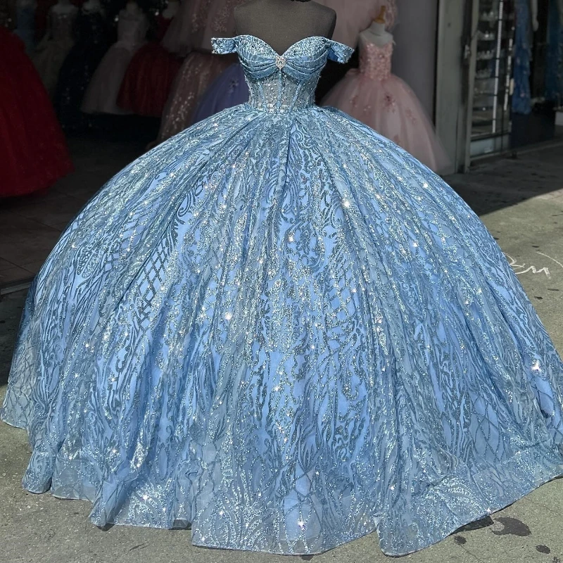 Sparkly Sky Blue Princess Quinceanera Dresses Off Shoulder Ball Gown Glitter Appliques Lace Crystals Beads Tull Sweet 15th Dress