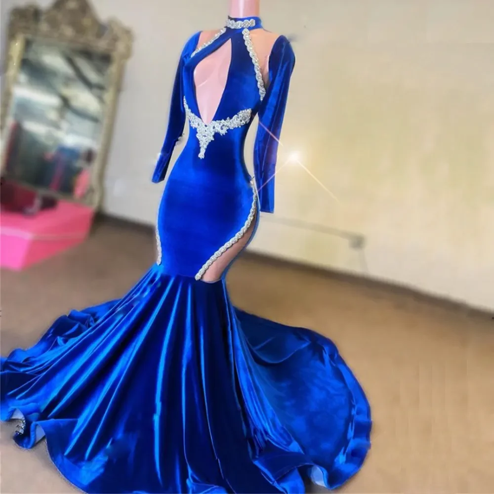 Sexy Luxury Decal Mermaid sexy high neck long sleeve bag hip length Formal party Dance formal occasion custom evening dress