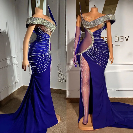 Sparkly Beaded Prom Dresses Illusion Long Gloves Prom Gown High Split Sexy Blue Strapless Evening Dress For Party Mermaid