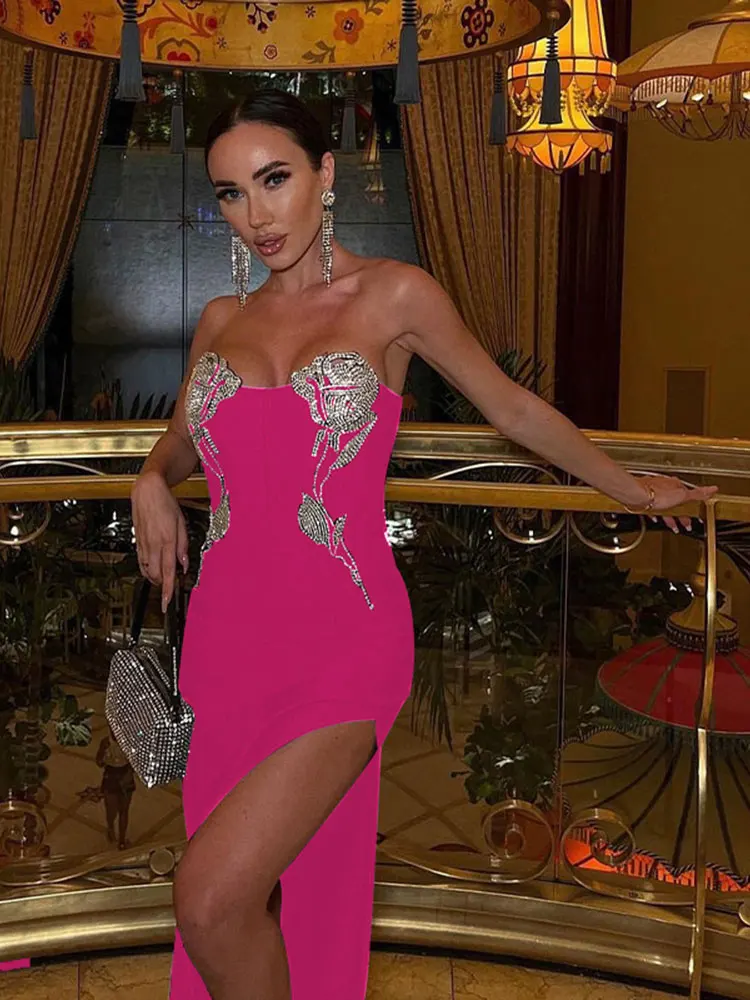 Women Sexy Bandage Dresses Summer Wrap Chest Sleeveless Bodycon Diamond Design Midi Dresses Celebrity Evening Party Vestido