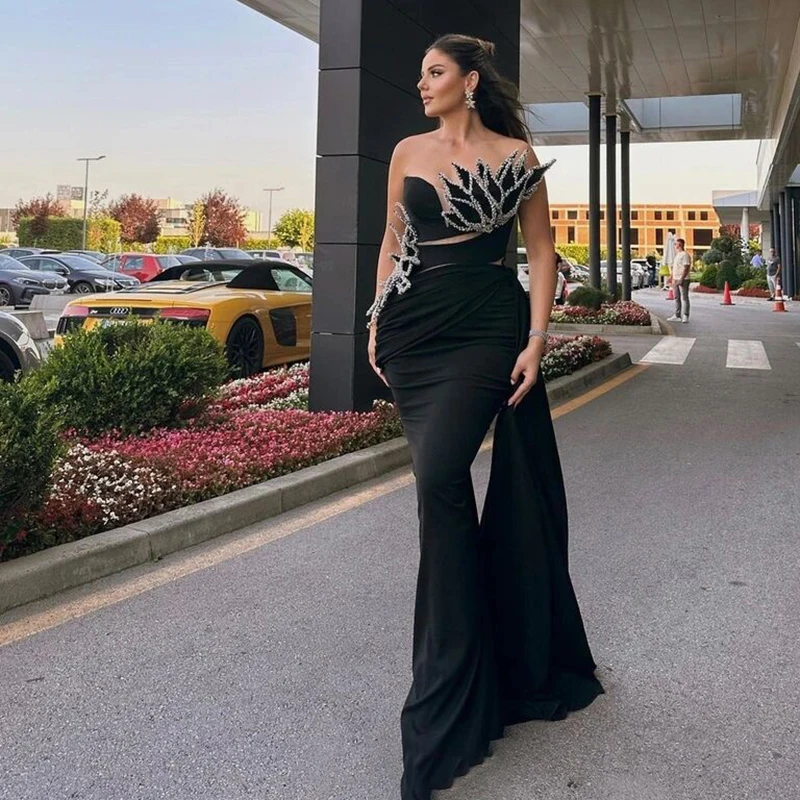 Sexy Black Evening Dress For Women 2024 Sleeveless V-Neck Crystal Side Split Train Formal Party Custom Made Vestidos Largos