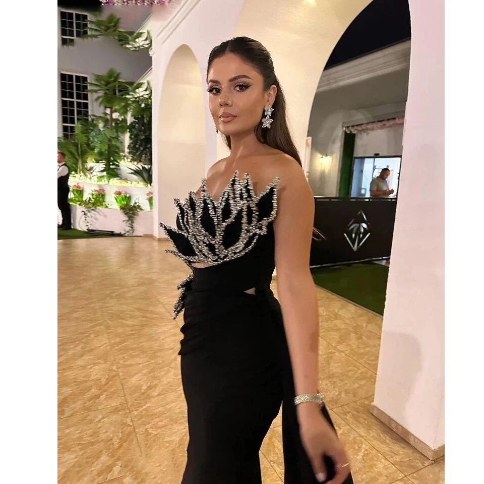 Sexy Black Evening Dress For Women 2024 Sleeveless V-Neck Crystal Side Split Train Formal Party Custom Made Vestidos Largos