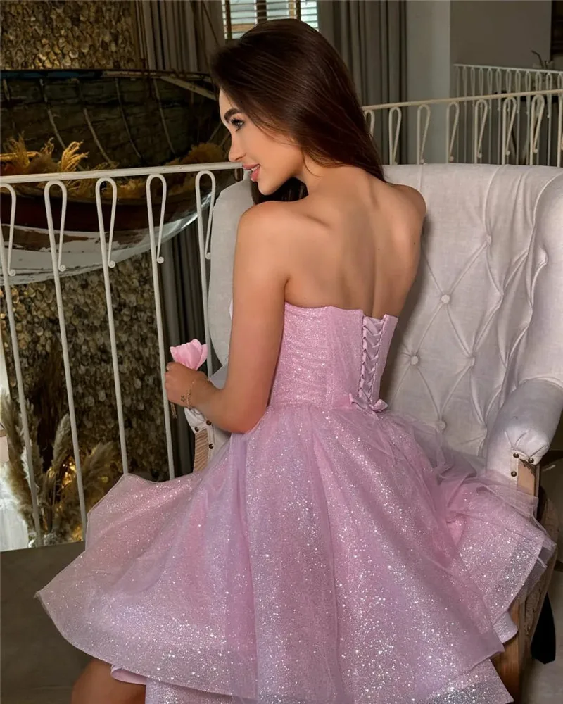 Pink Glitter Tulle Prom Dress Short A Line Shiny Tulle Party Gowns Midi Sweetheart Neck Formal Evening Dress 2024