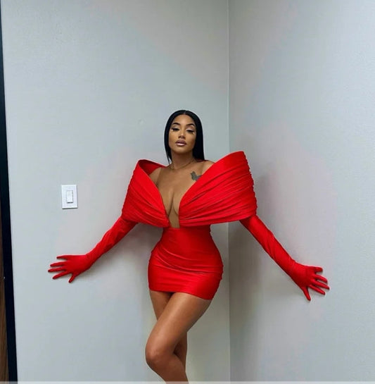 Stunning New Red Prom Gown With Two Gloves Off Shoulder Birthday Party Cocktail Dresses