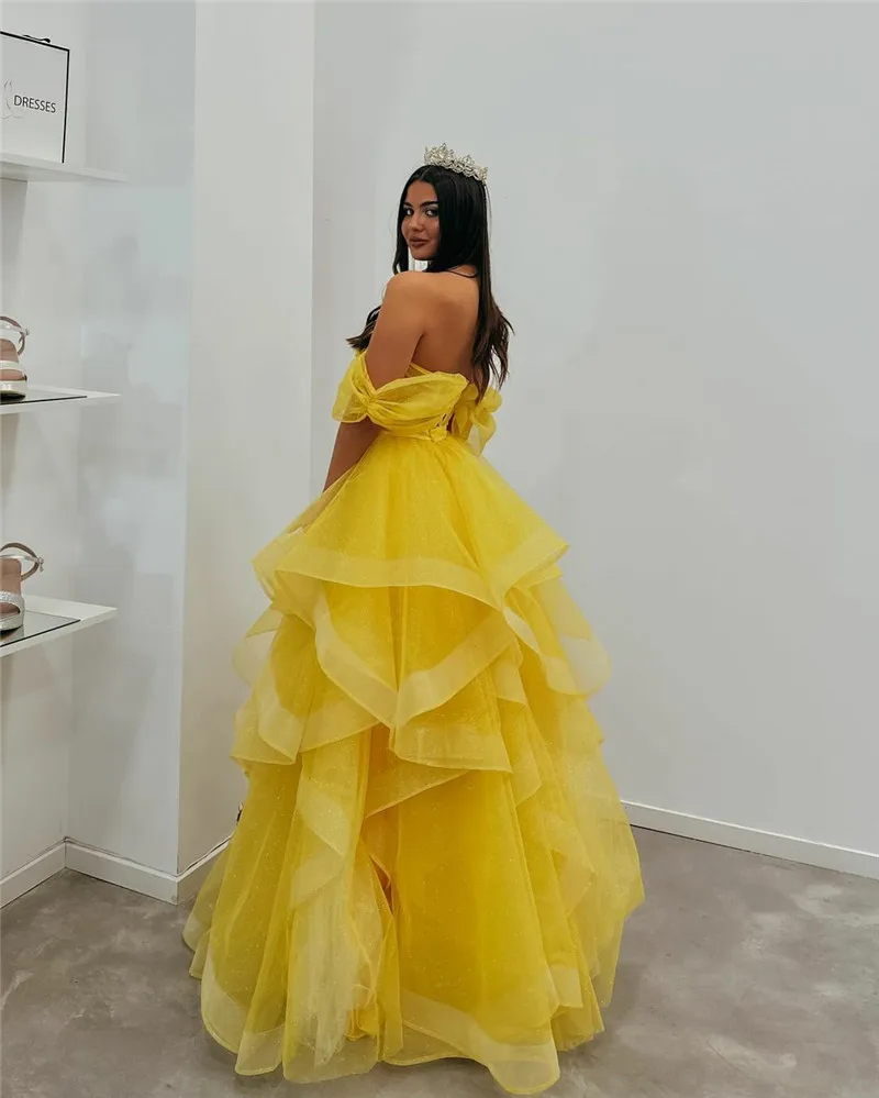 Yellow Prom Dress Off The Sholulder Tiered Shiny Glitter Tulle Party Gowns Corset Formal Evening Dress 2024