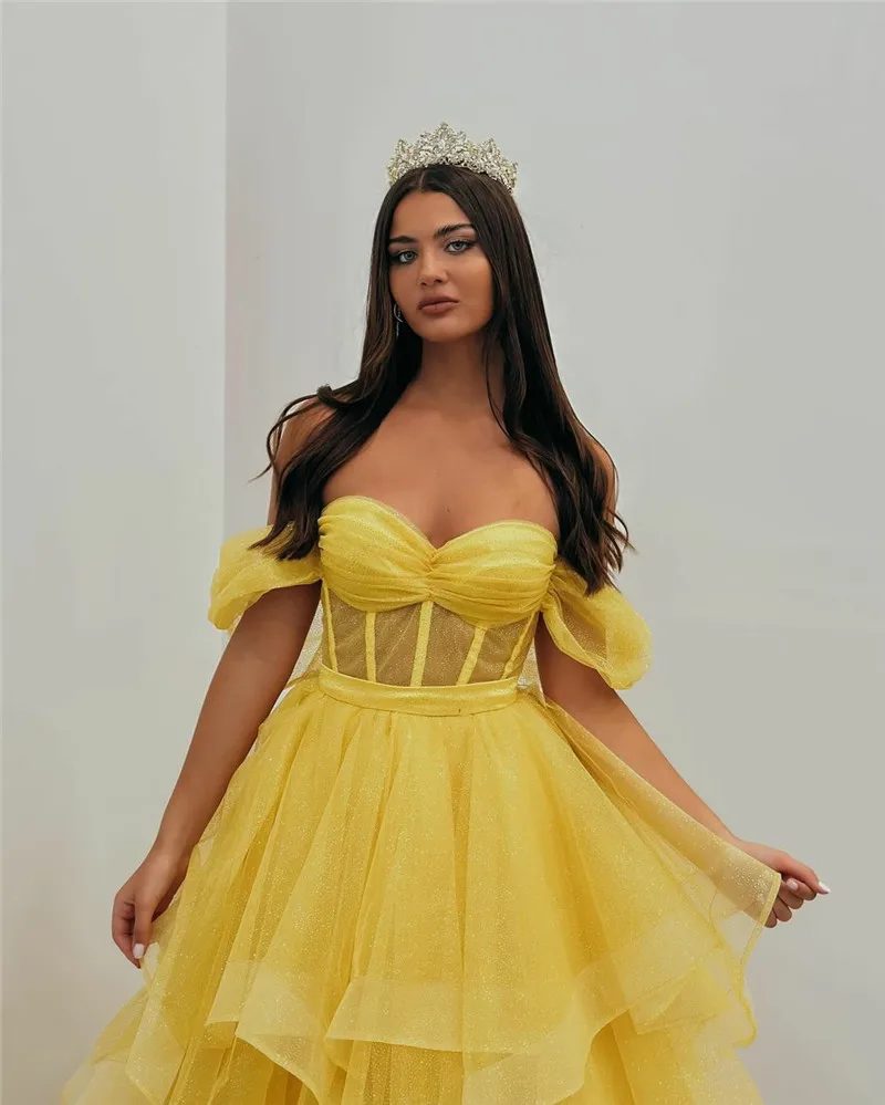 Yellow Prom Dress Off The Sholulder Tiered Shiny Glitter Tulle Party Gowns Corset Formal Evening Dress 2024