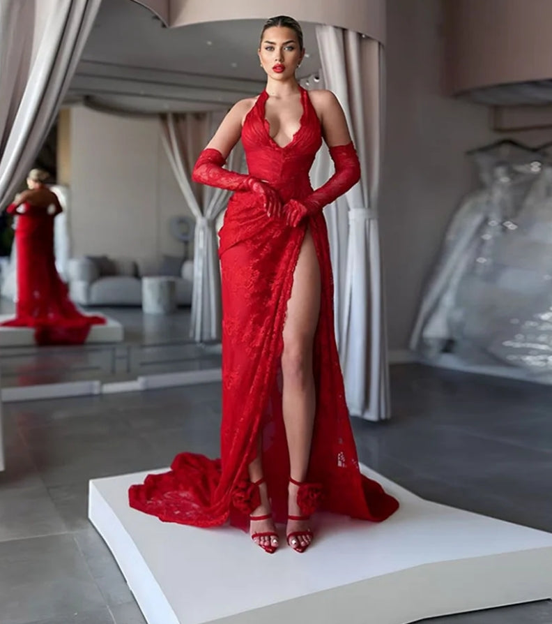 Gorgeous Red Mermaid Evening Gowns 2024 Women's Halter Party Prom Dress High Split Lace Saudi Arabia Special Occasion Gowns