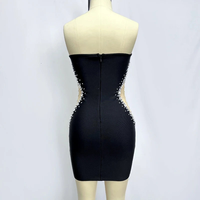 Women's Black Strapless Beaded Net Yarn Mini Sexy Boutique Celebrity Cocktail Party Bandage Dress